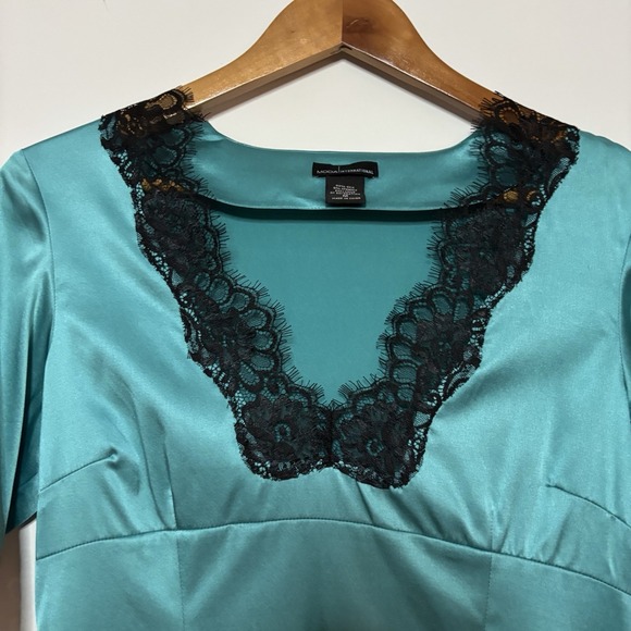Vintage Y2K Silk & Lace Top M  Turquoise 3/4 Sleeve V-Neck Coquette FairyCore - Picture 7 of 11